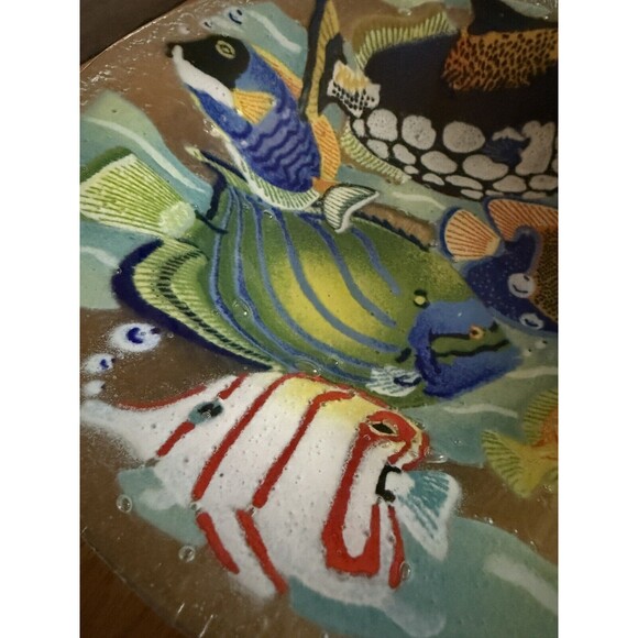 Peggy Karr Tropical Fish Under Water Fused Glass Round Platter Signed 10.5 in - Picture 5 of 7